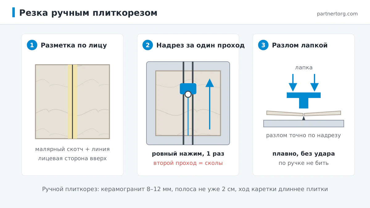 Схема резки керамогранита ручным плиткорезом: разметка, надрез роликом за один проход, разлом лапкой