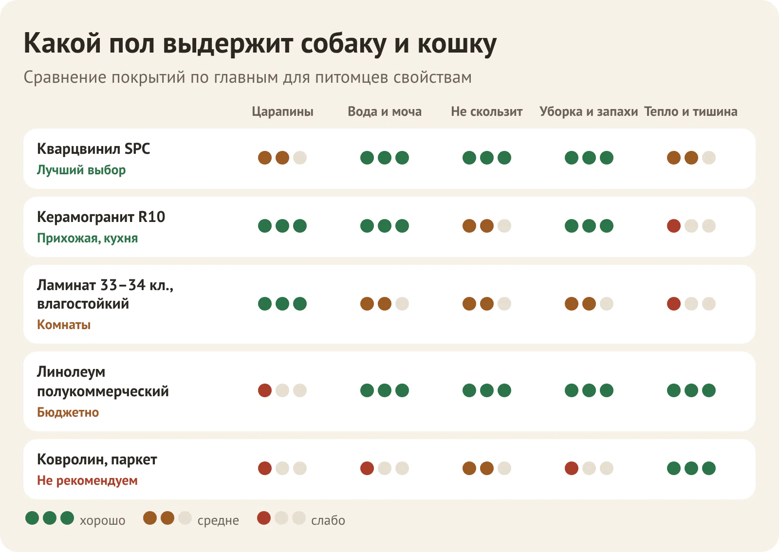 Сравнение напольных покрытий для дома с собакой или кошкой: кварцвинил, керамогранит, ламинат, линолеум, ковролин по стойкости к царапинам, воде, скольжению и уборке