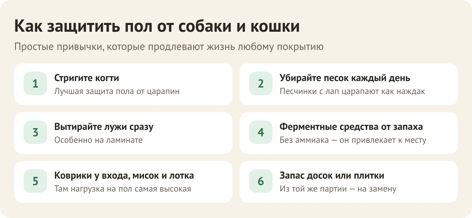 Как защитить пол от собаки и кошки: стричь когти, убирать песок, сразу вытирать лужи, ферментные средства от запаха, коврики у входа и мисок