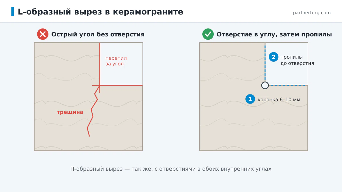 L-образный вырез в керамограните: сначала отверстие коронкой во внутреннем углу, затем пропилы болгаркой до отверстия