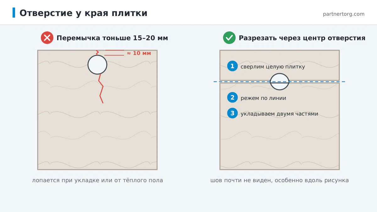 Отверстие у края керамогранита: если до края меньше 15–20 мм, плитку разрезают через центр отверстия и укладывают двумя частями