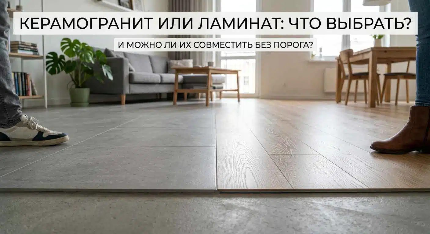 Керамогранит под бетон и ламинат под дуб на полу кухни-гостиной: стык двух покрытий в одном уровне без порога