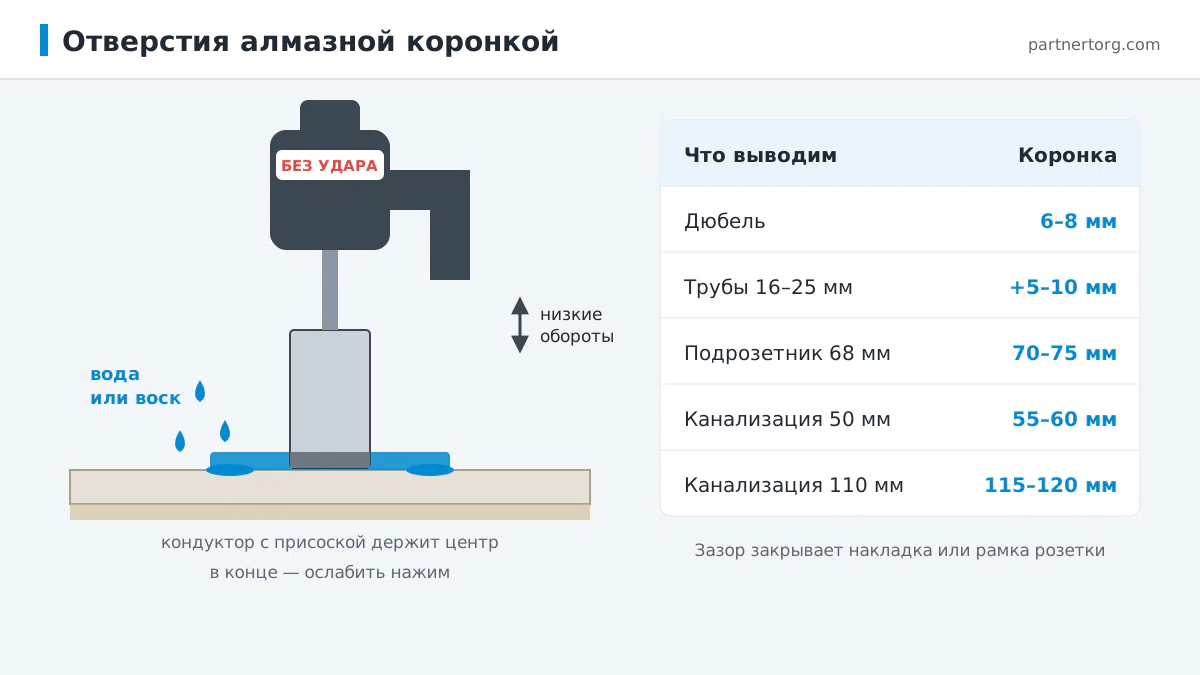 Сверление отверстия в керамограните алмазной коронкой: кондуктор, охлаждение водой, без удара, таблица диаметров