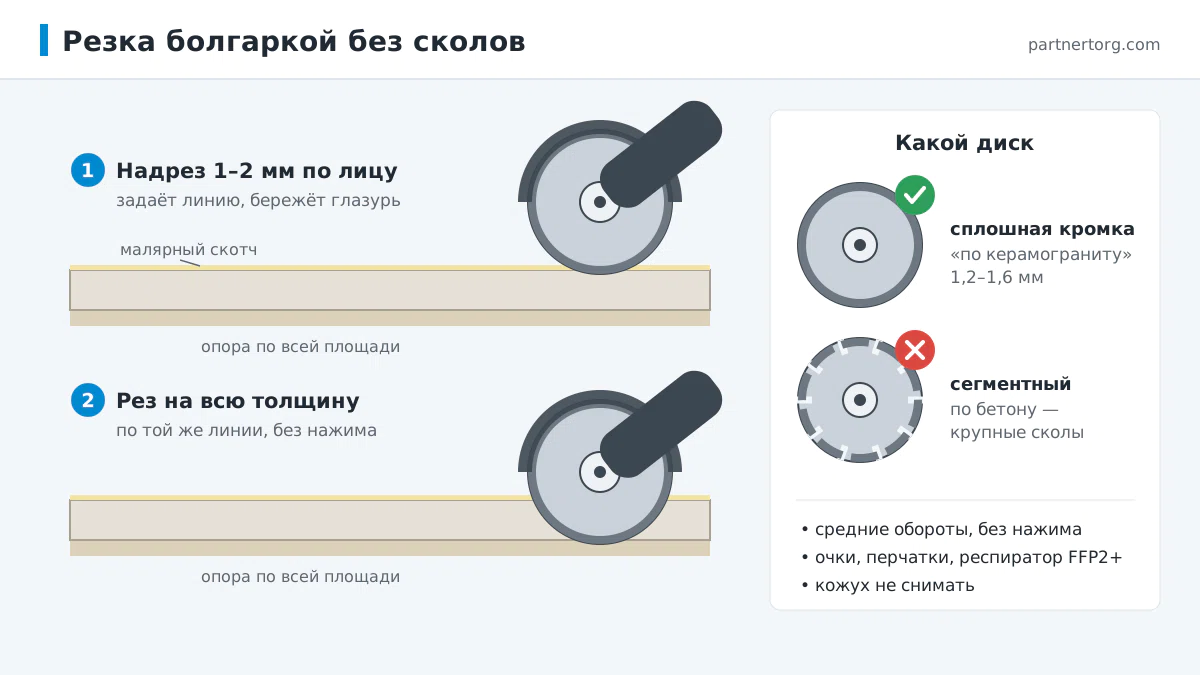 Резка керамогранита болгаркой: малярный скотч, надрез 1–2 мм по лицевой стороне, затем рез на всю толщину