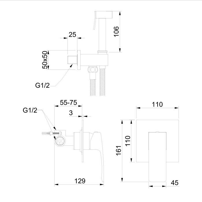 Raglo R01.53 смеситель с гигиеническим душем встраиваемый, хром