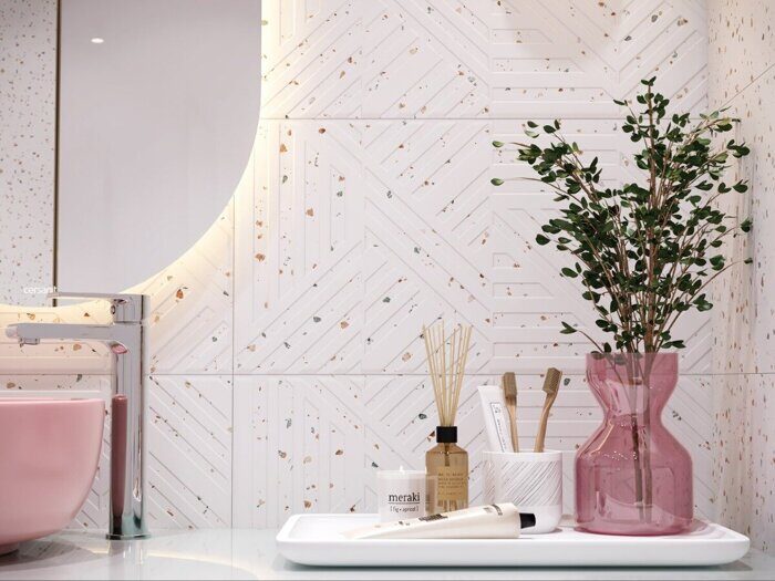 Sweet A17569 настенная плитка белая матовая тераццо рельеф 30х60см Cersanit