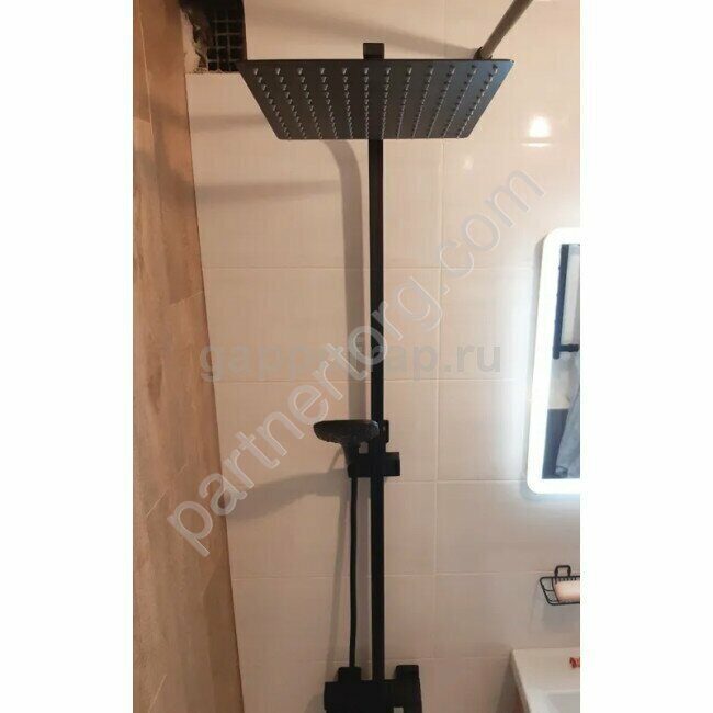 Gappo G2407-60 стойка с тропическим душем и смесителем черная, термостат