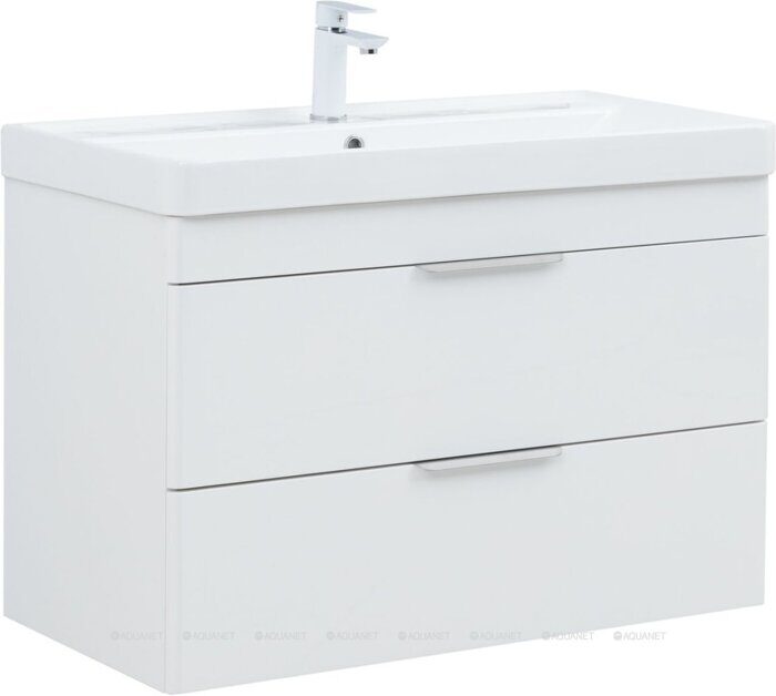 Ирис new 90 тумба белая подвесная для ванной комнаты 2 ящика с раковиной Ирис 905*465*205 мм Aquanet
