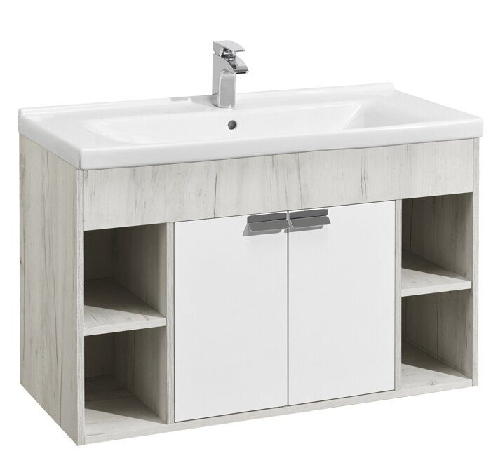 Флай 100 см тумба белая/дуб крафт для ванной комнаты с раковиной Миранда 100 Aquaton