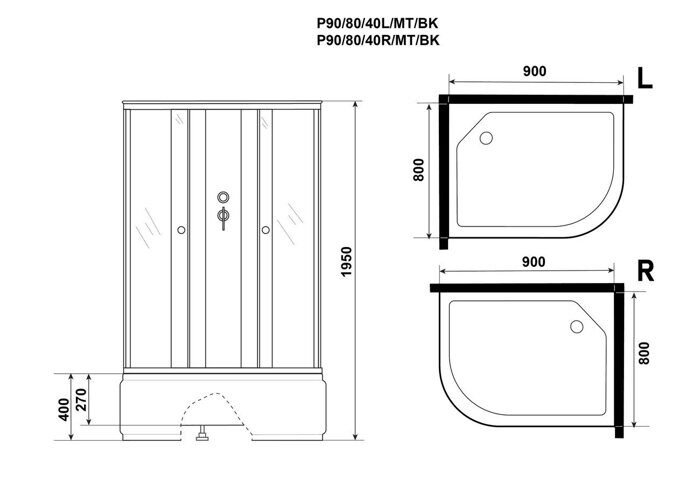 Niagara Promo P90/80/40L/MT/BK, душевая кабина асимметричная 90х80х195 см, матовое стекло, высокий поддон, белый профиль