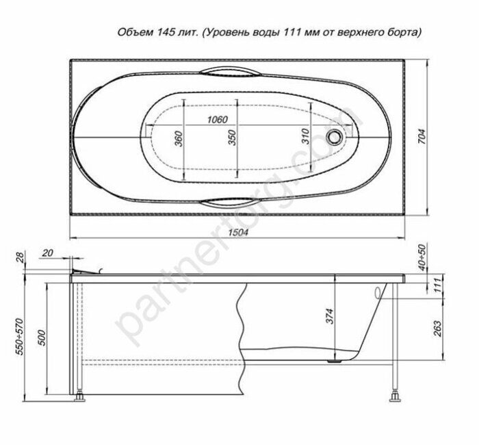 Dali акриловая ванна Aquanet 150х70см