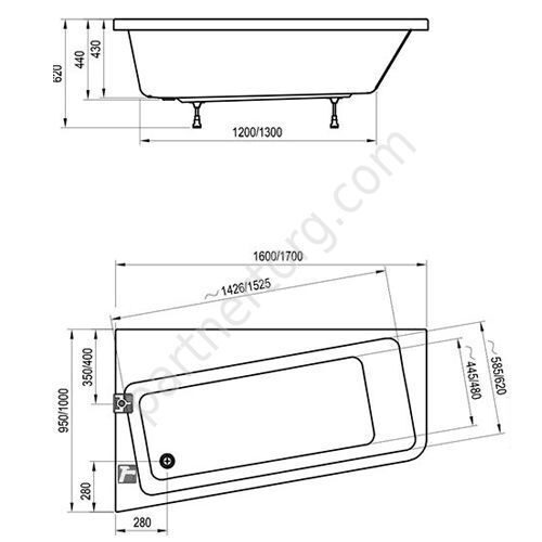 10° Ravak ванна акриловая асимметричная 170х100 см