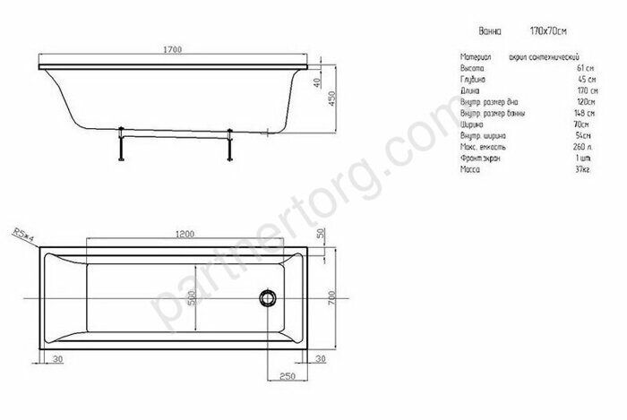 Лайма ванна акриловая Aquatek 170х70 см