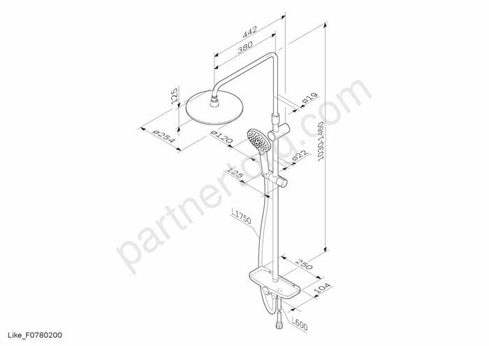 F0780200 Like, душ.система: верхн.душ 250мм, ручной душ 120 мм, 3 функции, душ.штанга 1030-1460 мм,