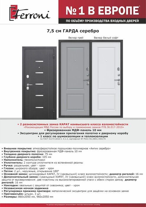 Гарда Серебро 7,5см дверь входная Антик серебро, Велюр белый софт