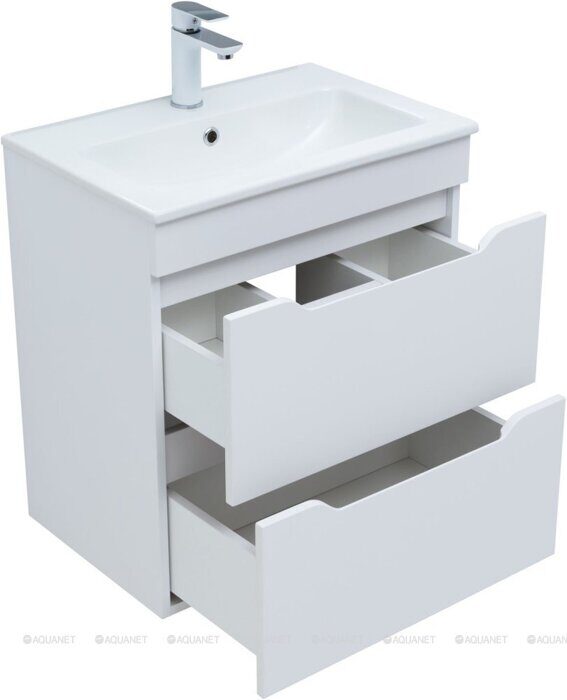Практика 60 тумба белая матовая для ванной комнаты 2 ящика с раковиной-столешницей 60 cm (PRACTICO) Aquanet