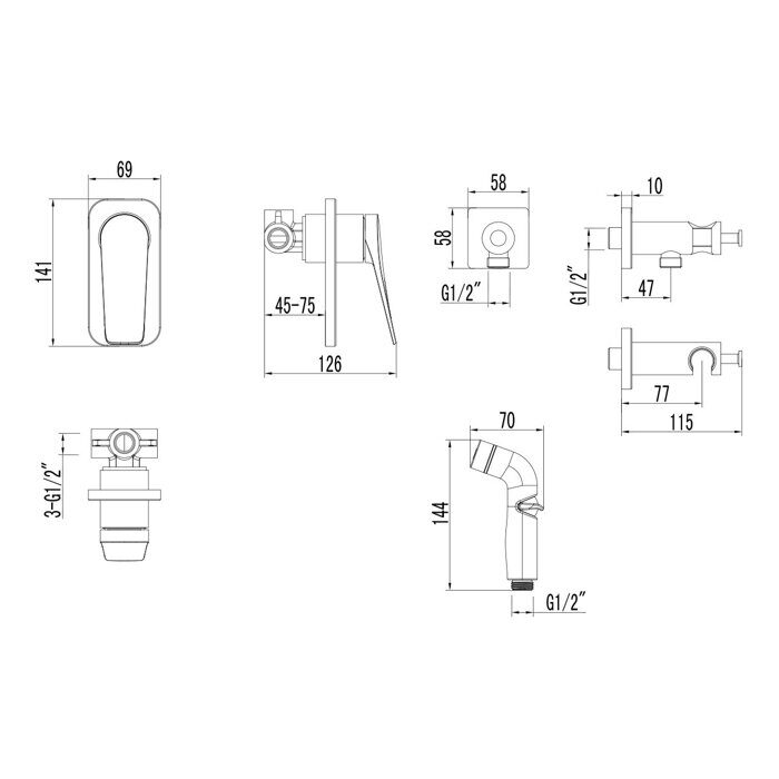 Bronx LM3719GM, смеситель с гигиеническим душем, встраиваемый, графит Lemark