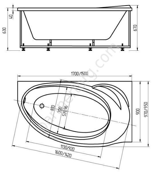 Бетта ванна акриловая ассиметричная Aquatek 160х97 см с каркасом и сливом-переливом