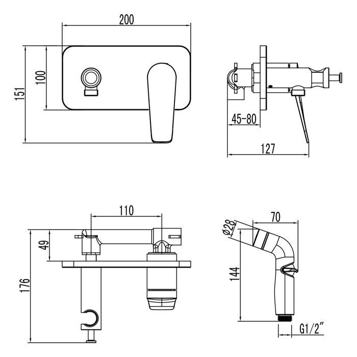 Bronx LM3720BL, смеситель с гигиеническим душем, встраиваемый, черный Lemark