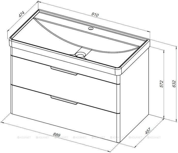 Ирис new 90 тумба белая подвесная для ванной комнаты 2 ящика с раковиной Ирис 905*465*205 мм Aquanet