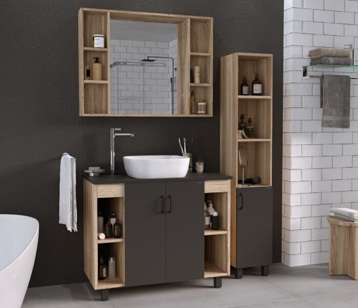 Флай100 Дуб сонома + дуб серый тумба в ванную комнату Grossman
