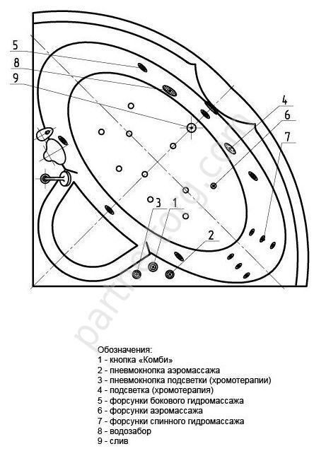 Поларис-1 ванна акриловая угловая Aquatek 138х138см с каркасом и сливом-переливом