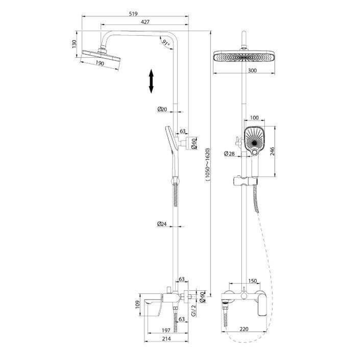 Grossman Advans душевая стойка с верхним душем, ручной лейкой и смесителем, черный матовый