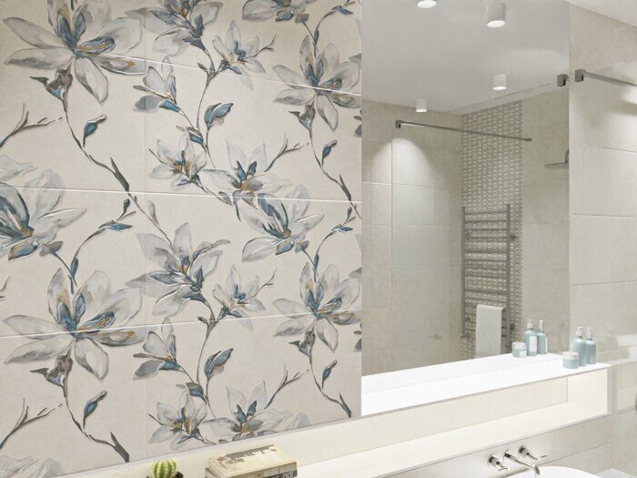 Palladio панно серо-бежевое полуматовое голубые цветы 63х63см Azori