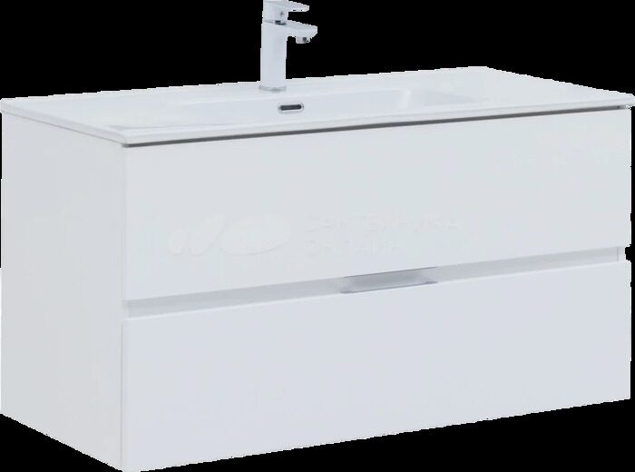 Алвита new 100 тумба белая для ванной комнаты 2 ящика с раковиной Flat 100 Aquanet