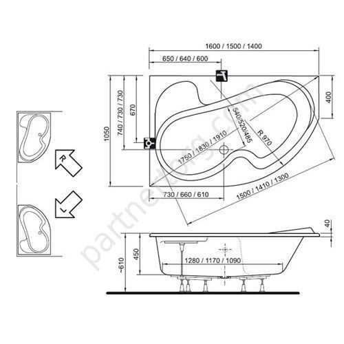Rosa I Ravak ванна акриловая асимметричная 140х105 см