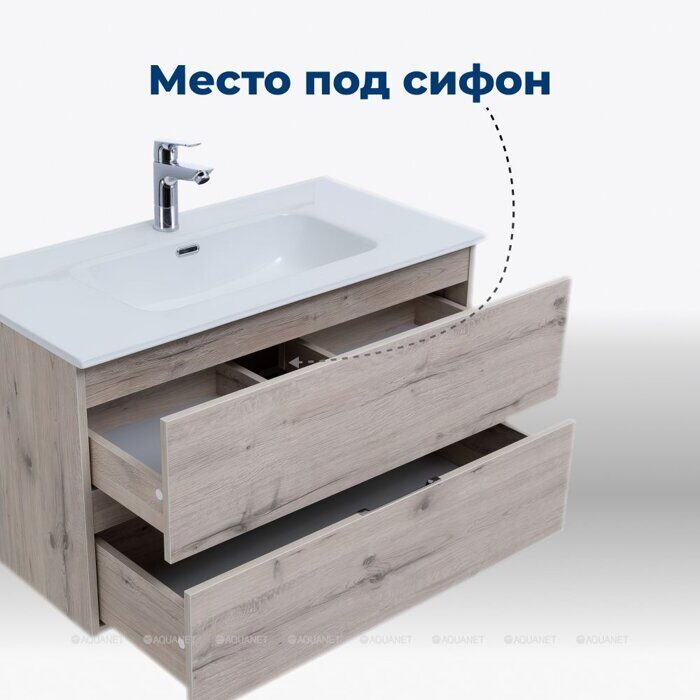 Алвита new 90 дуб веллингтон белый тумба для ванной комнаты 2 ящика с раковиной-столешницей  Flat 90 Aquanet