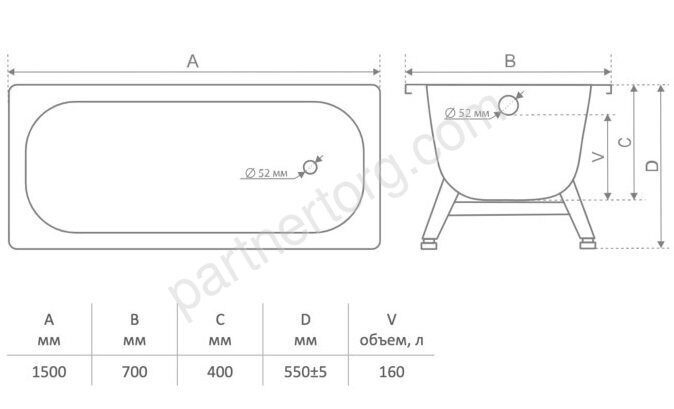 Tevro 170х70см м ванна стальная с ножками