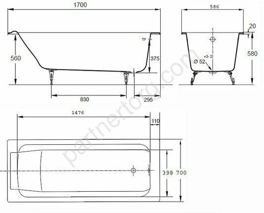 Parallel 170x70 Jacob Delafon ванна чугунная с отверстиями для ручек