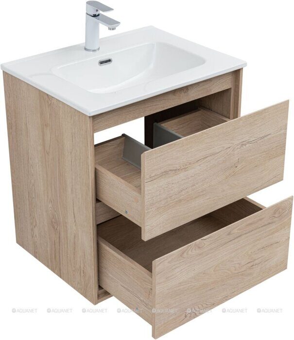 Милан 60 тумба дуб светлый для ванной комнаты с раковиной-столешницей Flat 60 Aquanet
