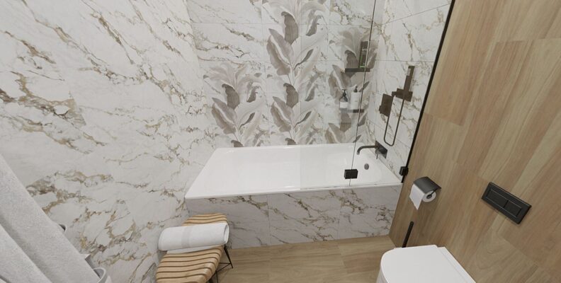 Совмещенный санузел:Белый мрамор, дерево 2,5х1,7х2,6м