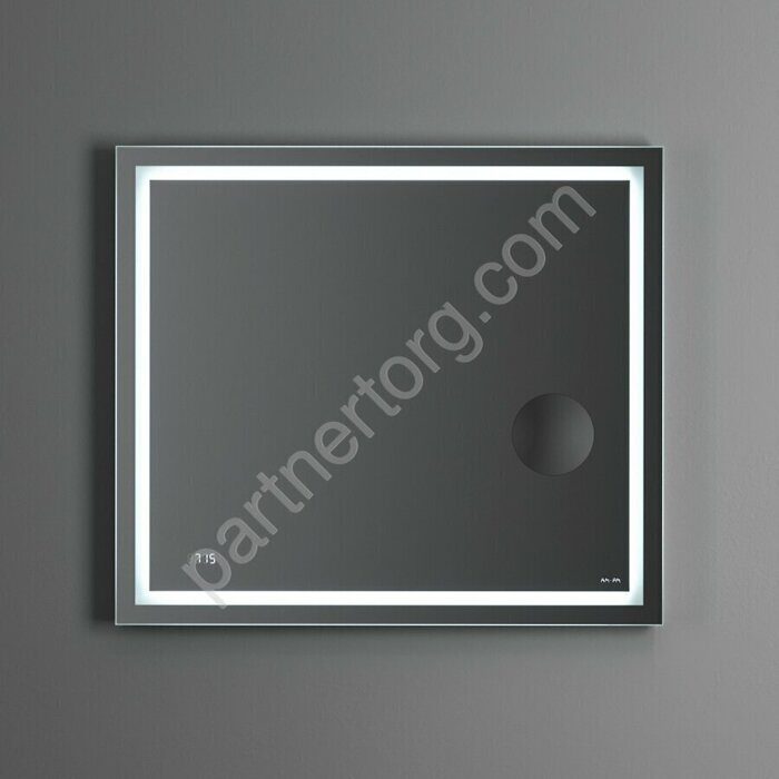 M91AMOX0803WG Gem, зеркало с контурной LED-подсветкой, встроенными часами и линзой, 80 см