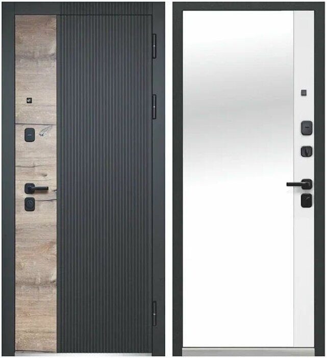 Luxor 2МДФ Дуб Вертикаль зеркало дверь входная  Канадский дуб пацифик, Сатин черный,  Эмалит белый встроенное зеркало в пол