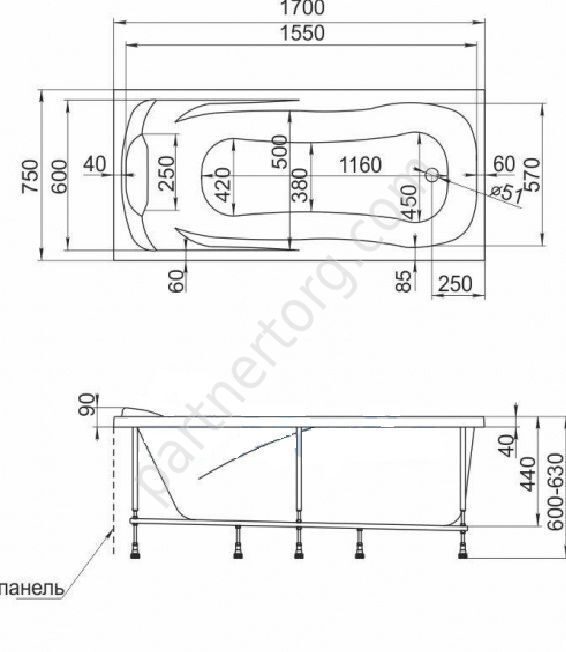 Калипсо ванна акриловая с ручками 170х75 см  1 Марка