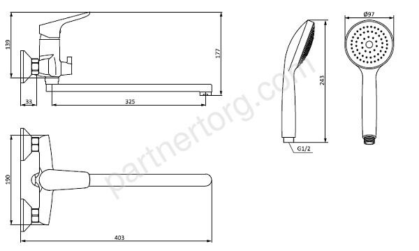 Origin Bit Damixa смеситель для ванны, душа с универсальным изливом и ручным душем