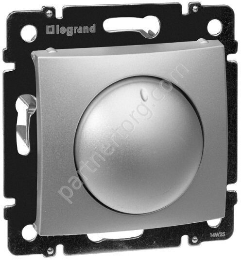 Legrand Valena Classic светорегулятор с поворотной ручкой 40-400Вт, с лицевой панелью, цвет алюминий