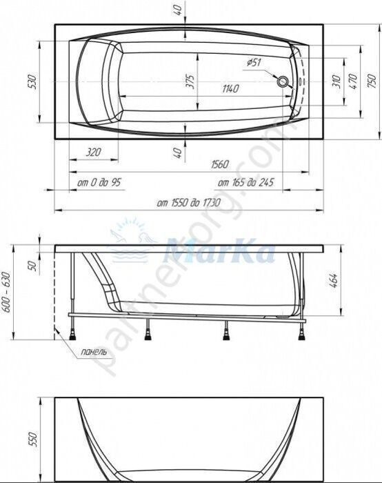 Прагматика ванна акриловая 173-155х75 см MarkaOne отрезная
