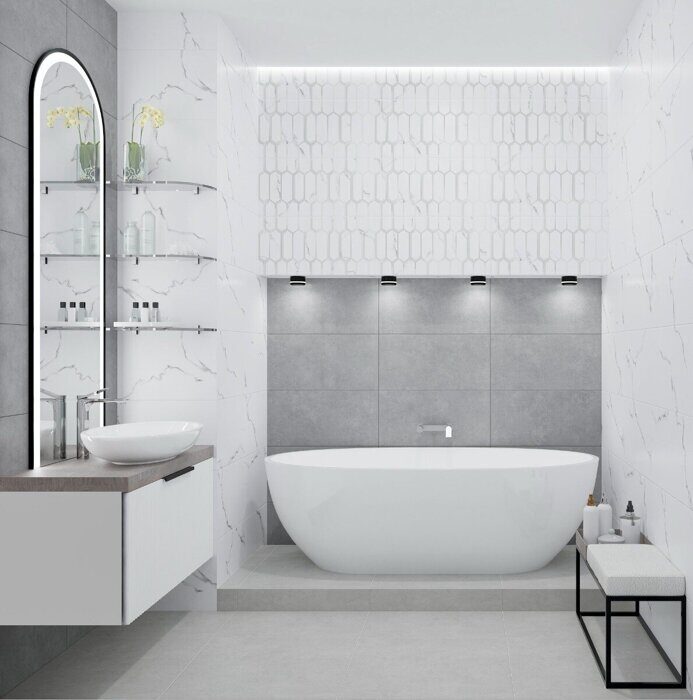 Calacatta Opaco Diamond настенная плитка белая матовая sugar-эффект декофон 31х63см Azori