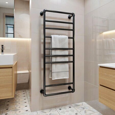 изображение полотенцесушителя из черной стали в ванной комнате