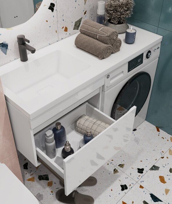 Urban 600-0-1 тумба подвесная белая для ванной комнаты с раковиной-столешницей над стиральной машиной Kamilla 120