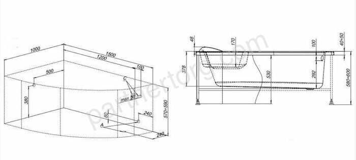 Lyra акриловая ванна Aquanet 150х100см