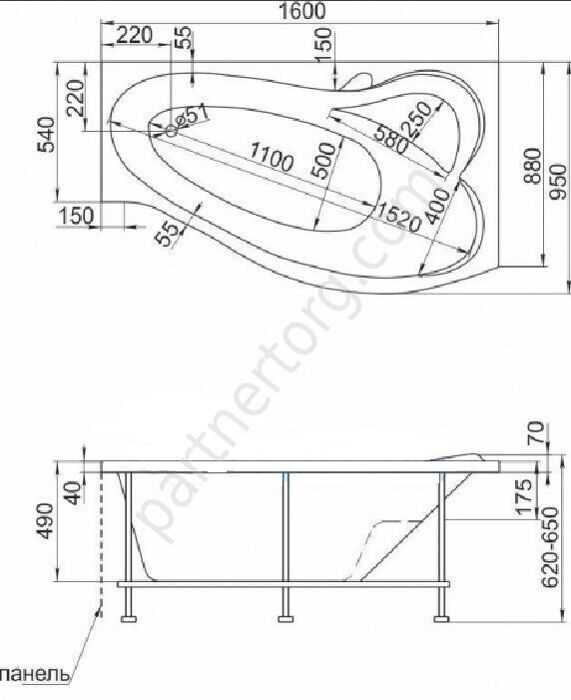 Грация ванна акриловая асимметричная 160х95 см MarkaOne
