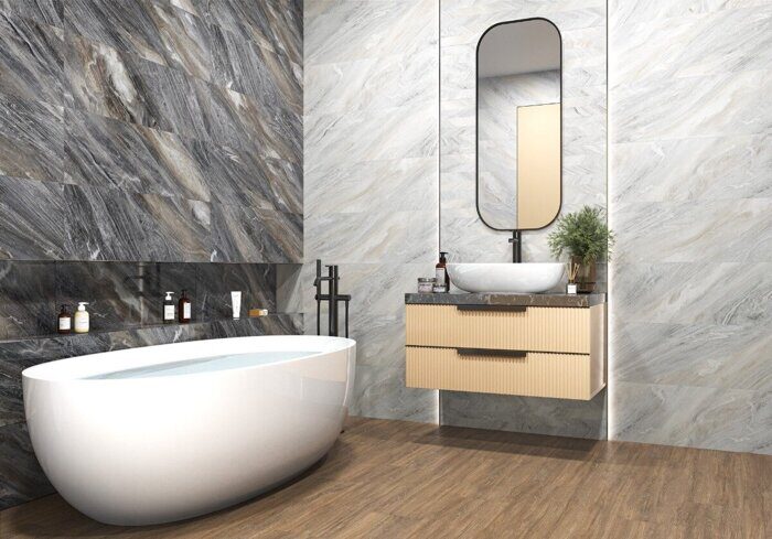 Millennium Line Delacora настенная плитка светло-серая с рисунком линии глянцевая 30х90см