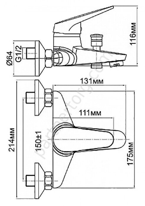 Aura смеситель для ванны с коротким изливом  Aquanet