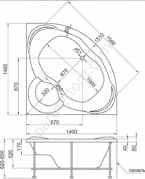 Трапани ванна акриловая угловая 140х140 см MarkaOne