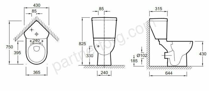Угловой напольный унитаз с бачком